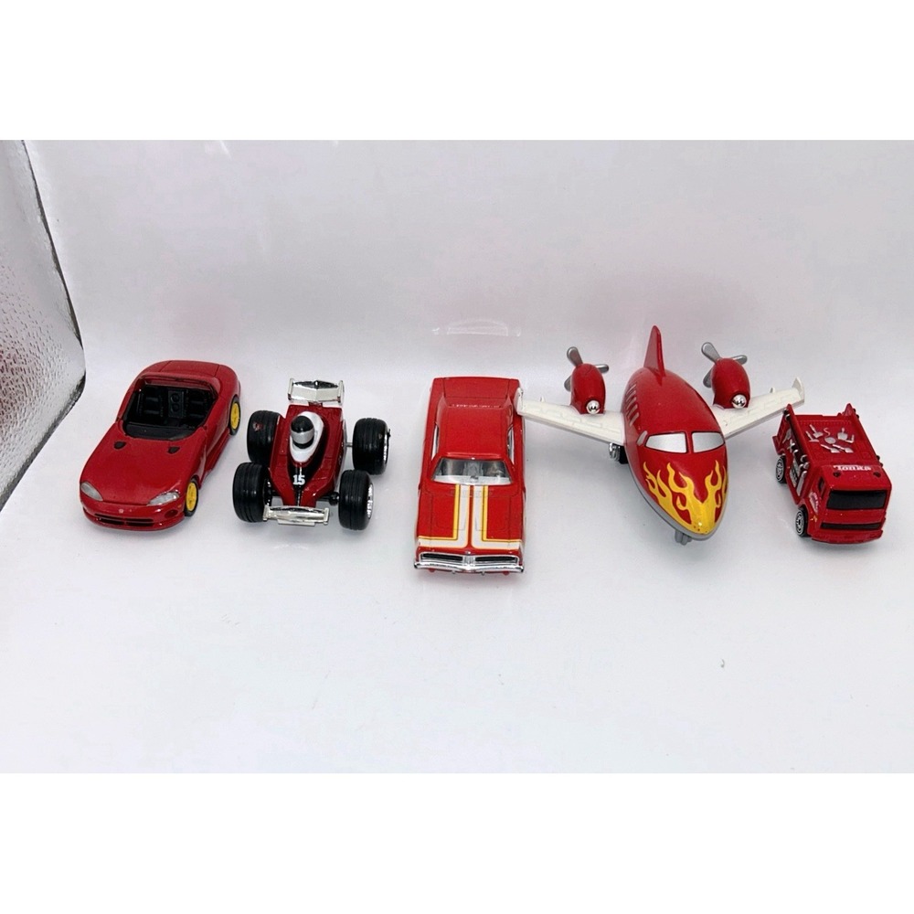 "5 Pc Red Vehicle Lot Race Car Airplane Fire Truck Sports Cars Toys"